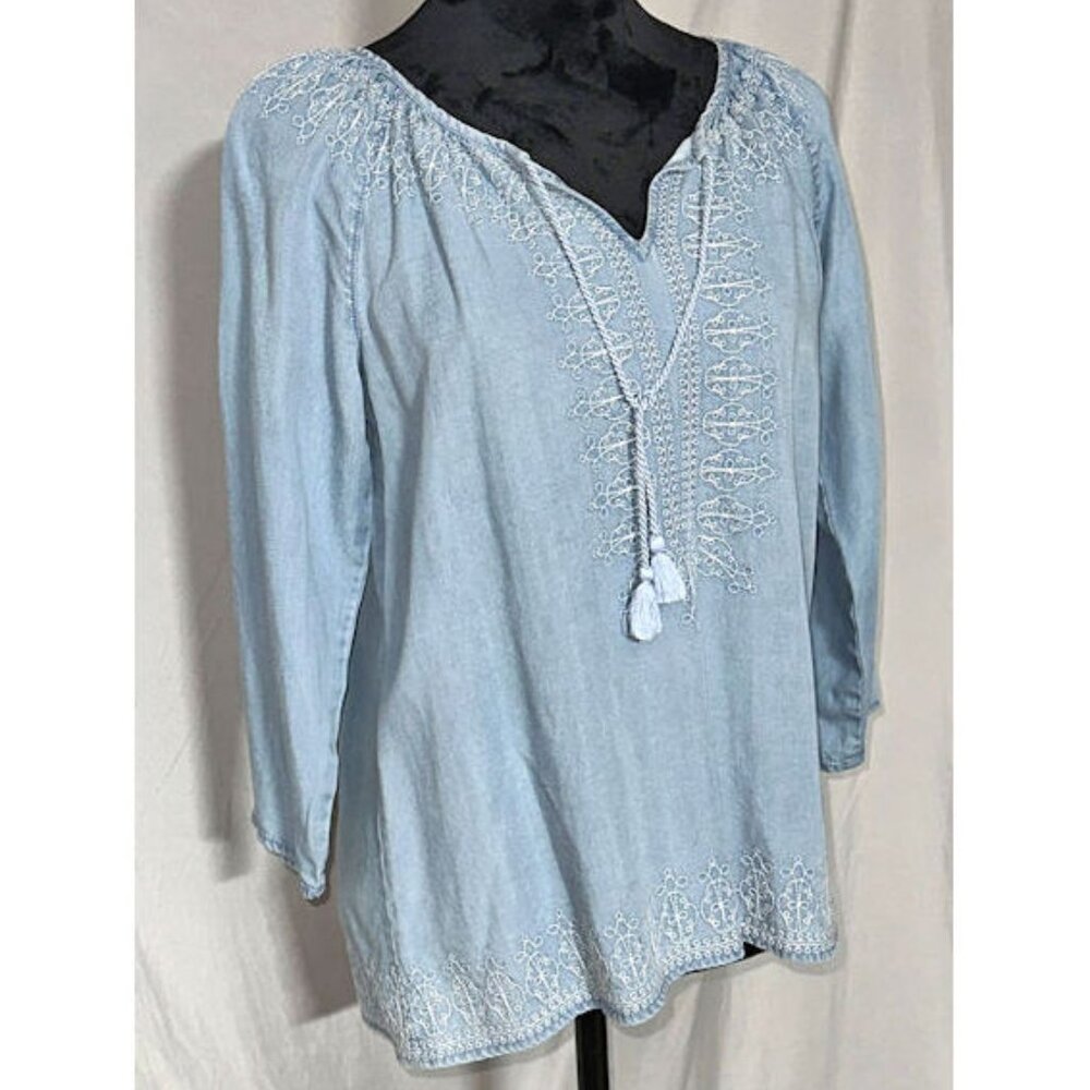 J.Jill Denim Smock, Tassel, Embroidered Top, Size XS